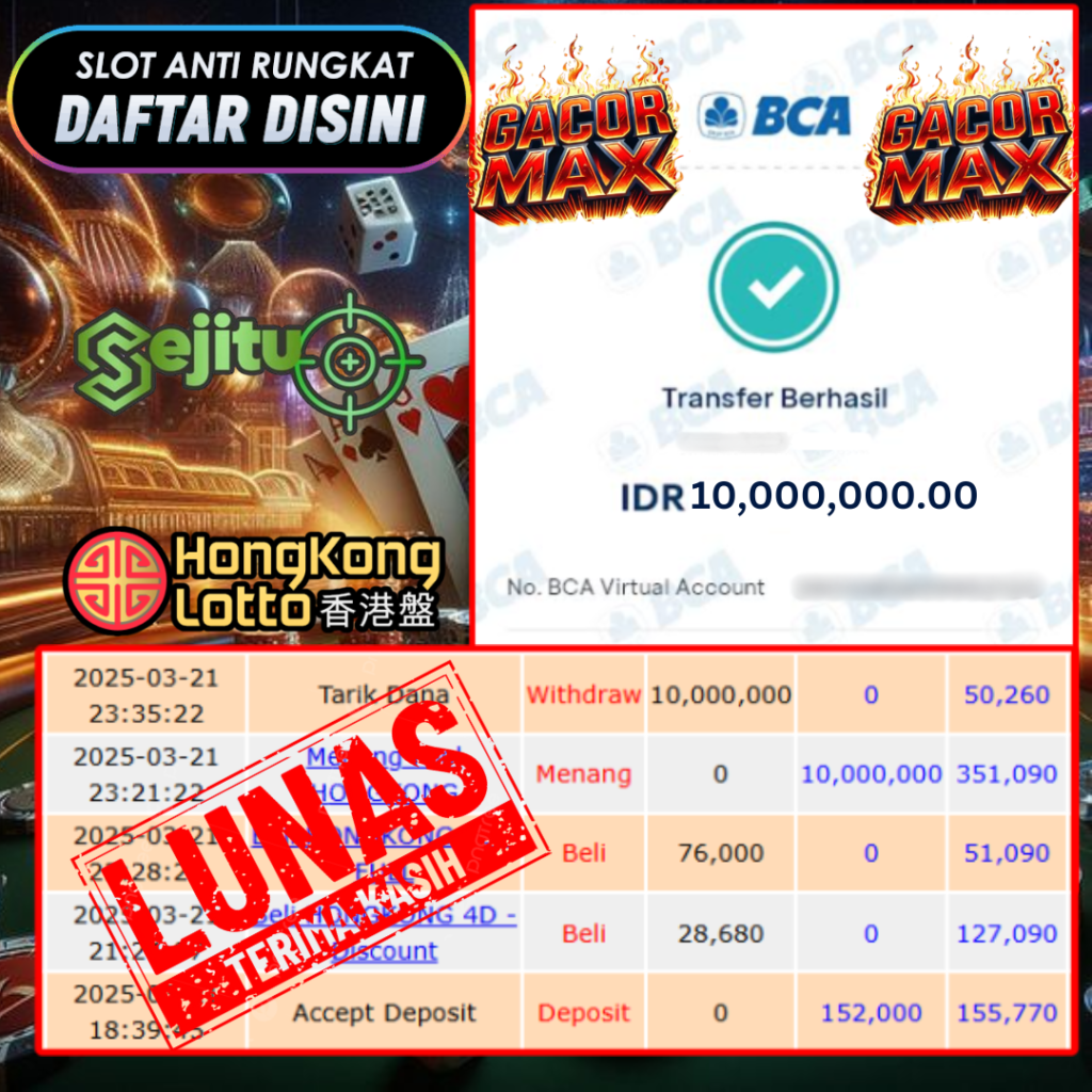 SELAMAT KEPADA MEMBER SEJITU JACKPOT PAUS TOGEL PASARAN HONGKONG LOTTO