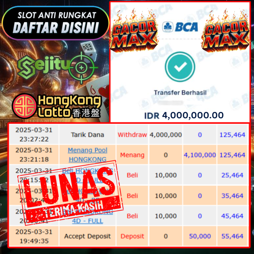 SELAMAT KEPADA MEMBER SEJITU JACKPOT PAUS TOGEL PASARAN HONGKONG LOTTO
