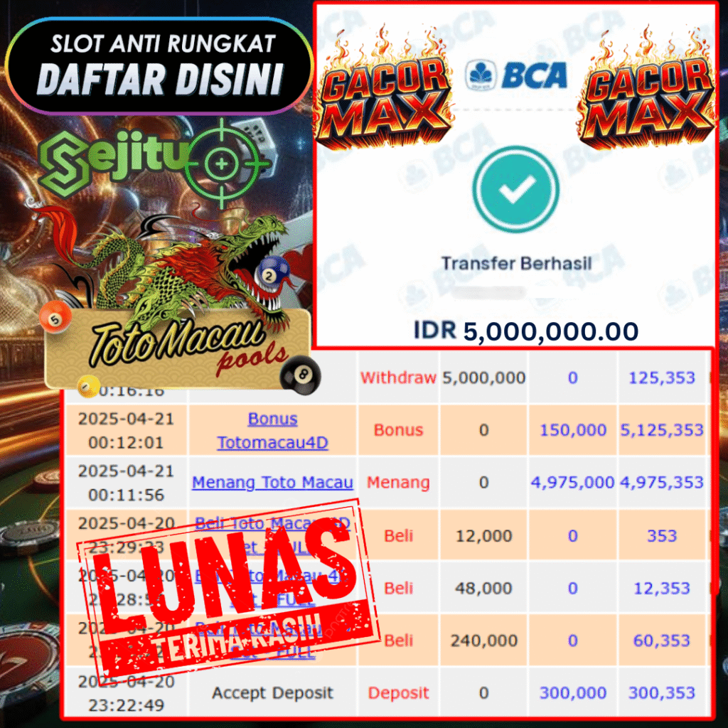 SELAMAT KEPADA MEMBER SEJITU JACKPOT PAUS TOGEL PASARAN TOTO MACAU